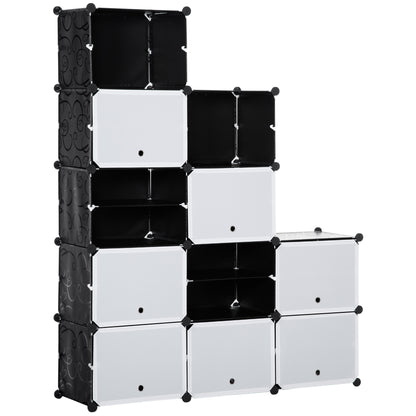 DIY Shelf System with 12 Cubes Stackable DIY Cube Rack Shoe Rack Storage Rack Shelf Rack Wardrobe for Books Toys Shoes in Plastic Steel Black+White 125 x 32 x 125 cm