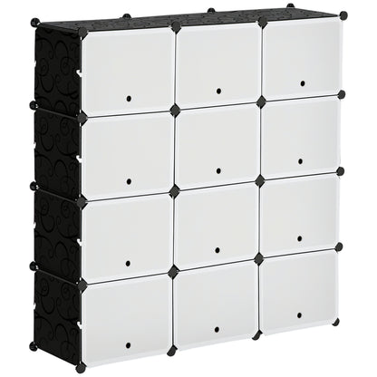 DIY Shelf System with 12 Cubes Stackable DIY Cube Rack Shoe Rack Storage Rack Shelf Rack Wardrobe for Books Toys Shoes in Plastic Steel Black+White 125 x 32 x 125 cm