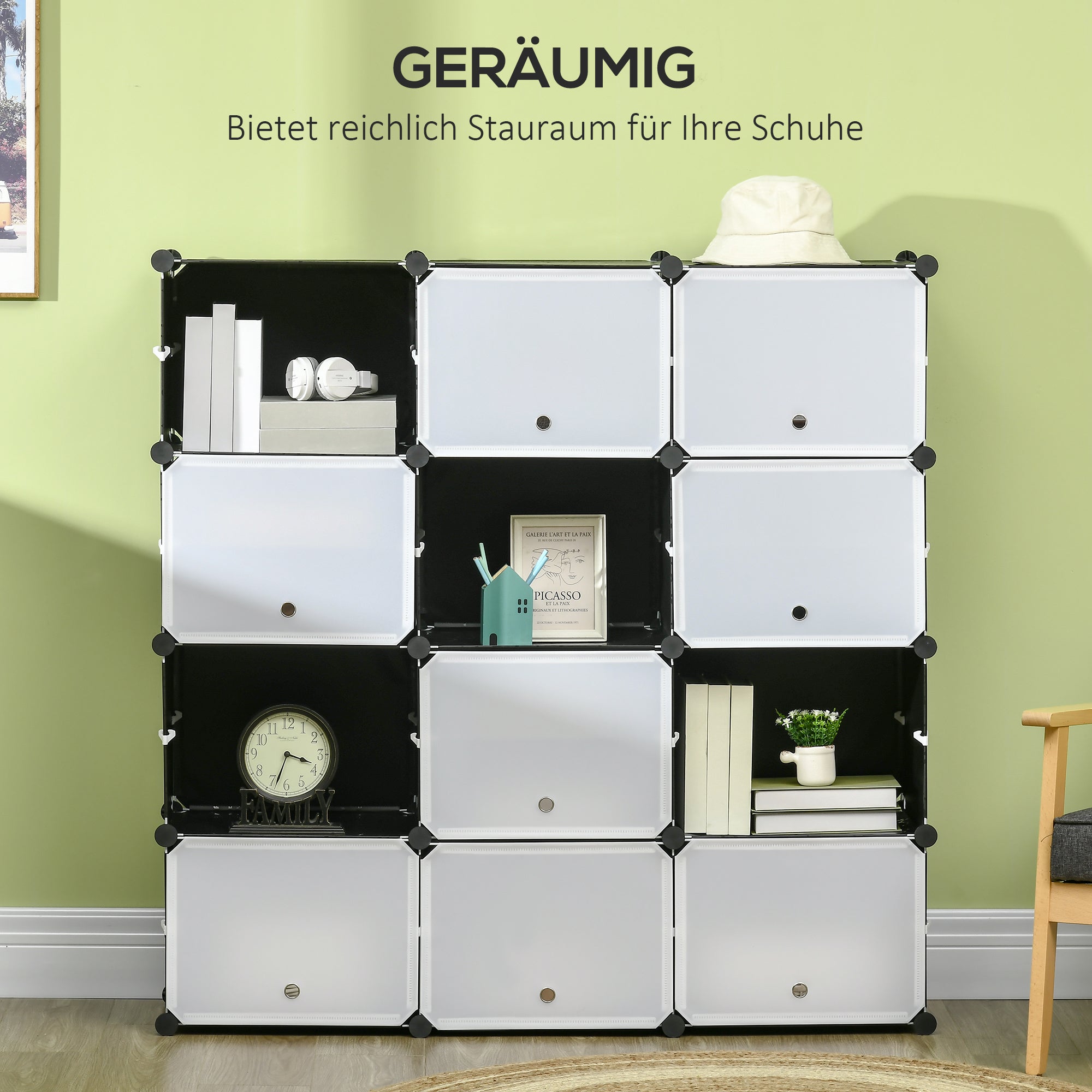 DIY Shelf System with 12 Cubes Stackable DIY Cube Rack Shoe Rack Storage Rack Shelf Rack Wardrobe for Books Toys Shoes in Plastic Steel Black+White 125 x 32 x 125 cm