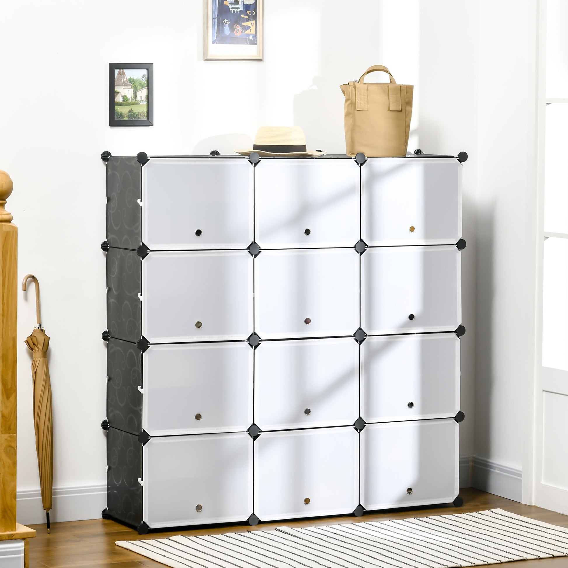 DIY Shelf System with 12 Cubes Stackable DIY Cube Rack Shoe Rack Storage Rack Shelf Rack Wardrobe for Books Toys Shoes in Plastic Steel Black+White 125 x 32 x 125 cm