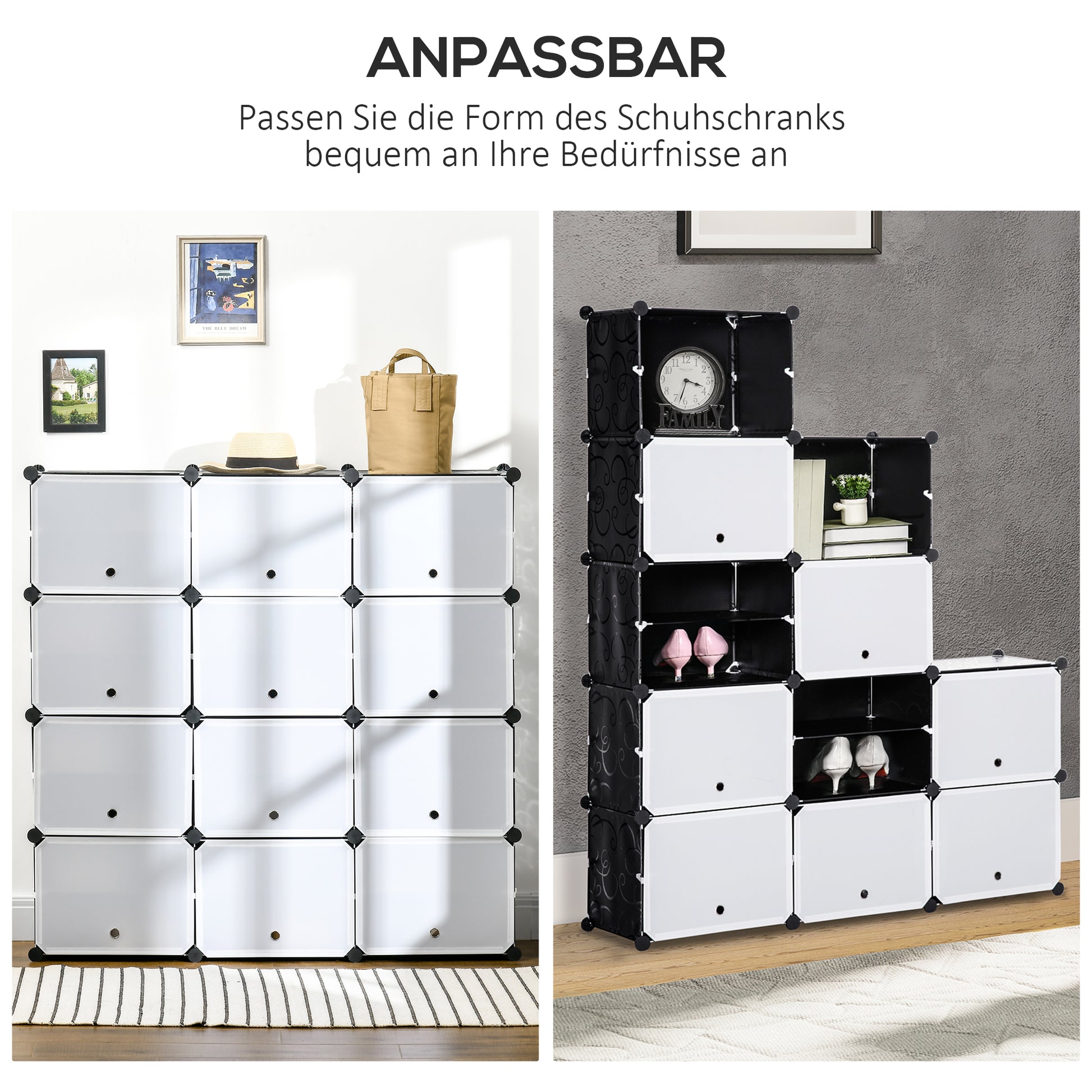 DIY Shelf System with 12 Cubes Stackable DIY Cube Rack Shoe Rack Storage Rack Shelf Rack Wardrobe for Books Toys Shoes in Plastic Steel Black+White 125 x 32 x 125 cm