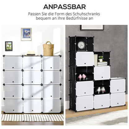 DIY Shelf System with 12 Cubes Stackable DIY Cube Rack Shoe Rack Storage Rack Shelf Rack Wardrobe for Books Toys Shoes in Plastic Steel Black+White 125 x 32 x 125 cm