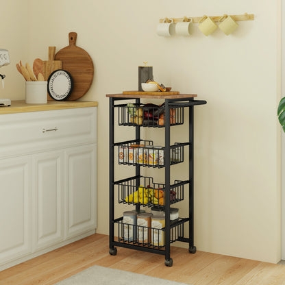 Kitchen Trolley Serving Cart with Worktop, 4 Pull-Out Steel Baskets, Rolling Cart for Office, 49.5 x 31 x 91 cm, Oak
