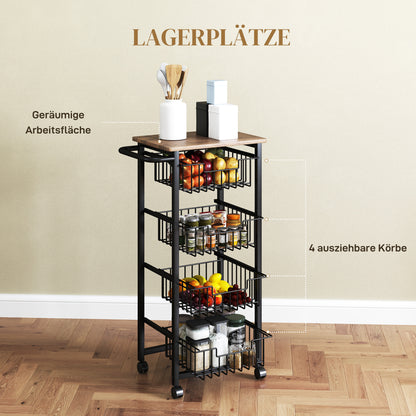 Kitchen Trolley Serving Cart with Worktop, 4 Pull-Out Steel Baskets, Rolling Cart for Office, 49.5 x 31 x 91 cm, Oak