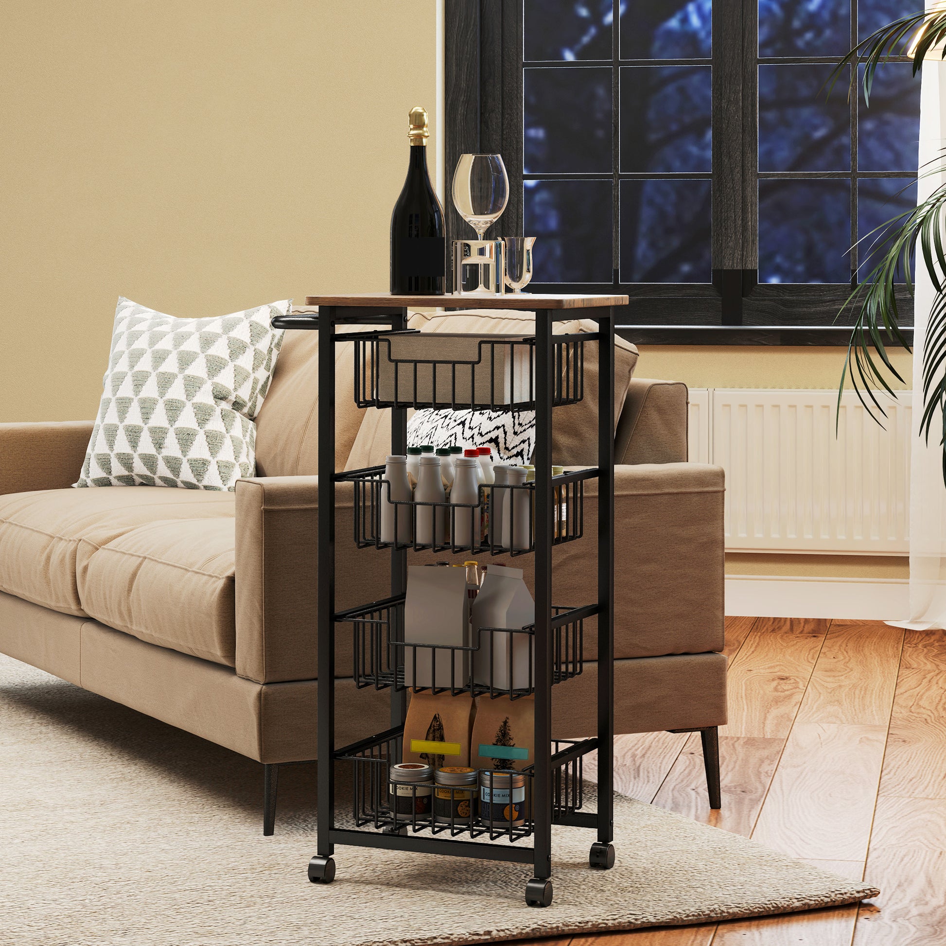 Kitchen Trolley Serving Cart with Worktop, 4 Pull-Out Steel Baskets, Rolling Cart for Office, 49.5 x 31 x 91 cm, Oak