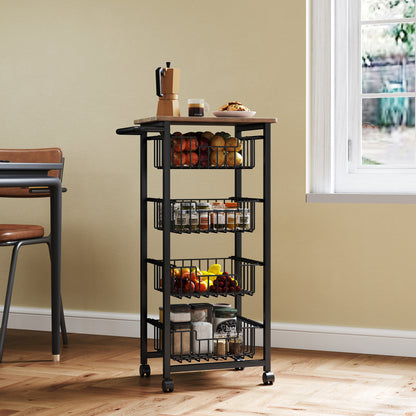Kitchen Trolley Serving Cart with Worktop, 4 Pull-Out Steel Baskets, Rolling Cart for Office, 49.5 x 31 x 91 cm, Oak