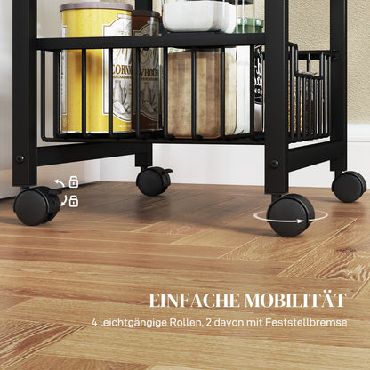 Kitchen Trolley Serving Cart with Worktop, 4 Pull-Out Steel Baskets, Rolling Cart for Office, 49.5 x 31 x 91 cm, Oak