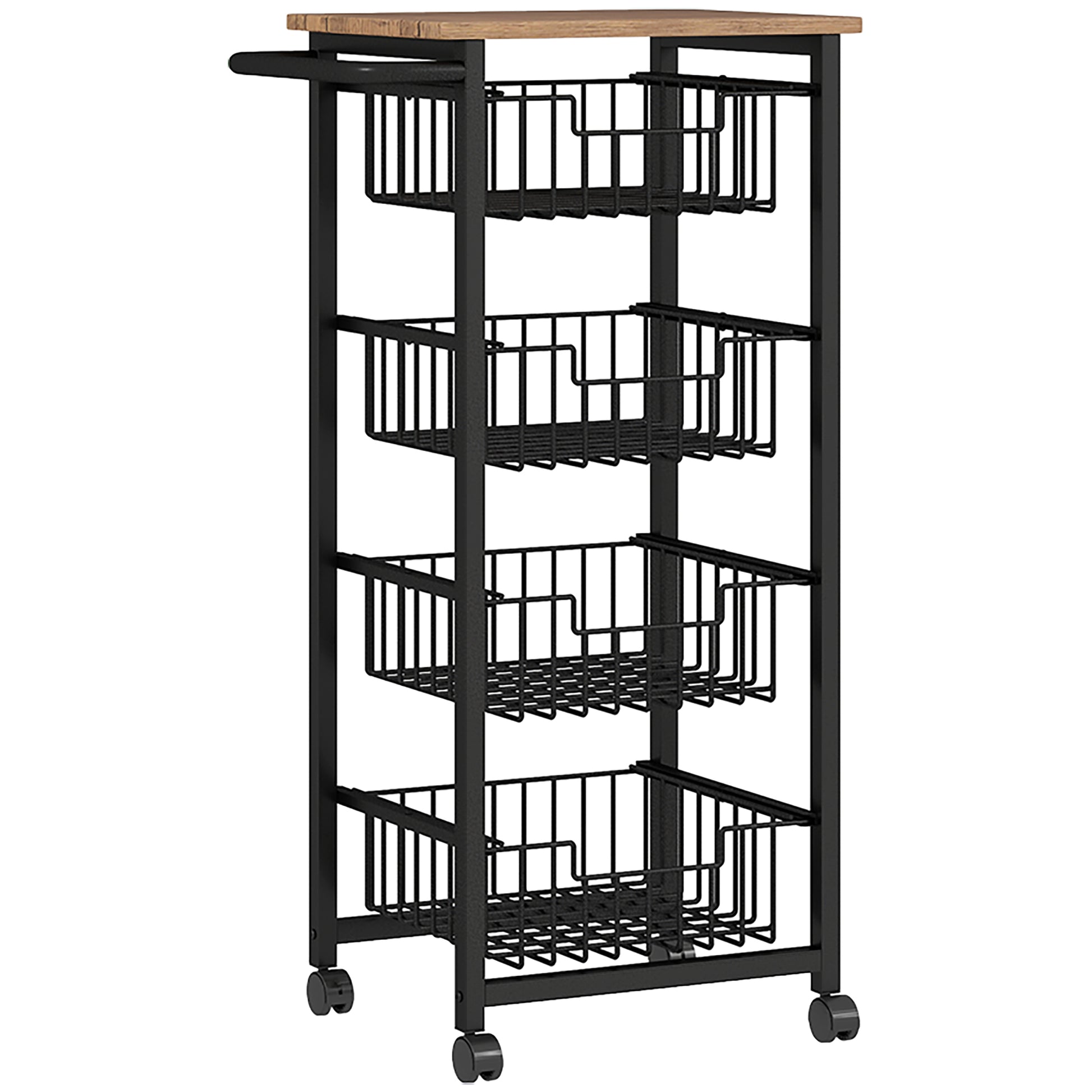 Kitchen Trolley Serving Cart with Worktop, 4 Pull-Out Steel Baskets, Rolling Cart for Office, 49.5 x 31 x 91 cm, Oak
