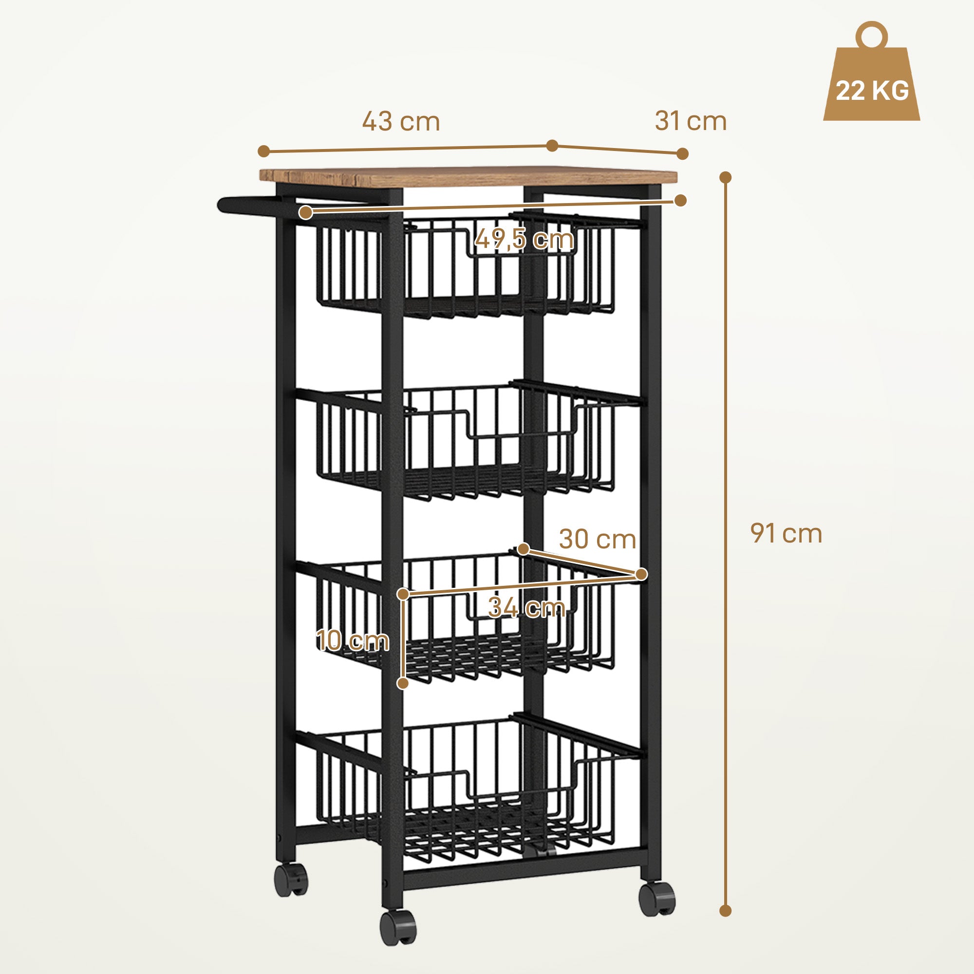 Kitchen Trolley Serving Cart with Worktop, 4 Pull-Out Steel Baskets, Rolling Cart for Office, 49.5 x 31 x 91 cm, Oak