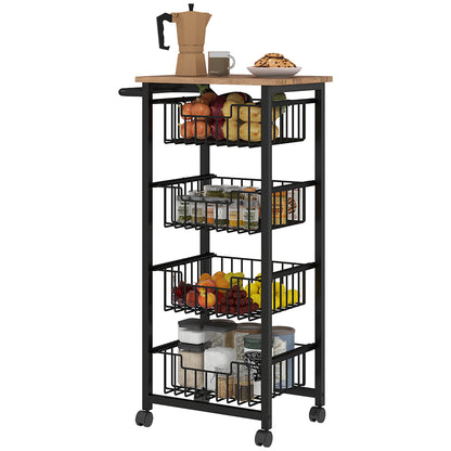 Kitchen Trolley Serving Cart with Worktop, 4 Pull-Out Steel Baskets, Rolling Cart for Office, 49.5 x 31 x 91 cm, Oak