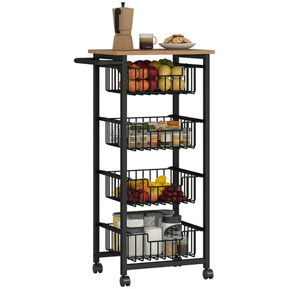 Kitchen Trolley Serving Cart with Worktop, 4 Pull-Out Steel Baskets, Rolling Cart for Office, 49.5 x 31 x 91 cm, Oak