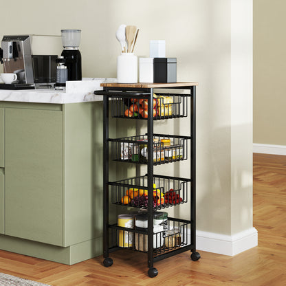 Kitchen Trolley Serving Cart with Worktop, 4 Pull-Out Steel Baskets, Rolling Cart for Office, 49.5 x 31 x 91 cm, Oak