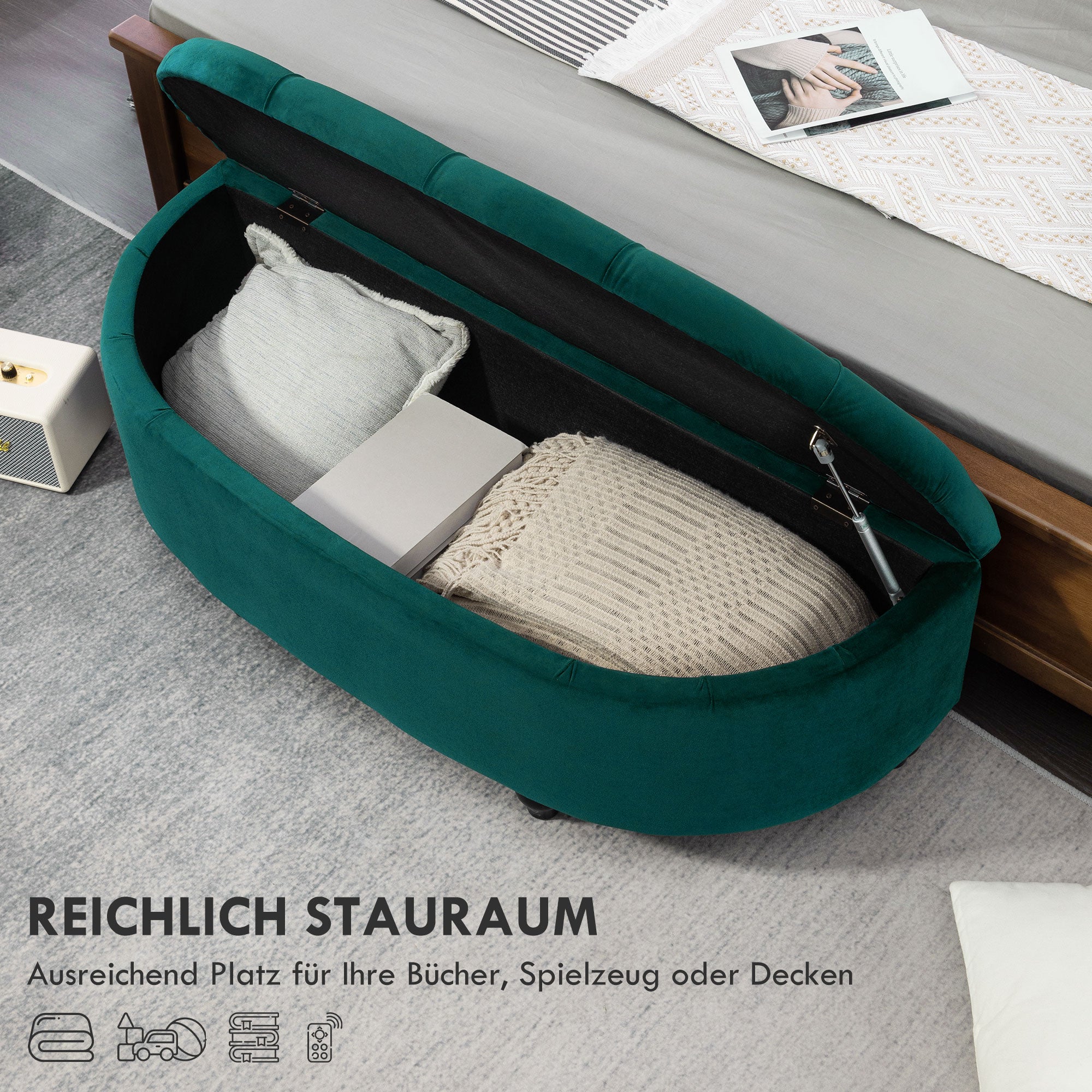 Storage Ottoman Upholstered Bench with Velvet Look, Open Lid Storage Chest with Wooden Legs, Trunk Bench for Living Room Hall Bedroom 120 x 46 x 42 cm Dark Green