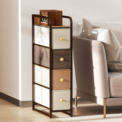 4-Drawer Foldable Fabric Chest, Narrow Storage Unit with Top Shelf and Steel Frame, Modern Style, Multicolor