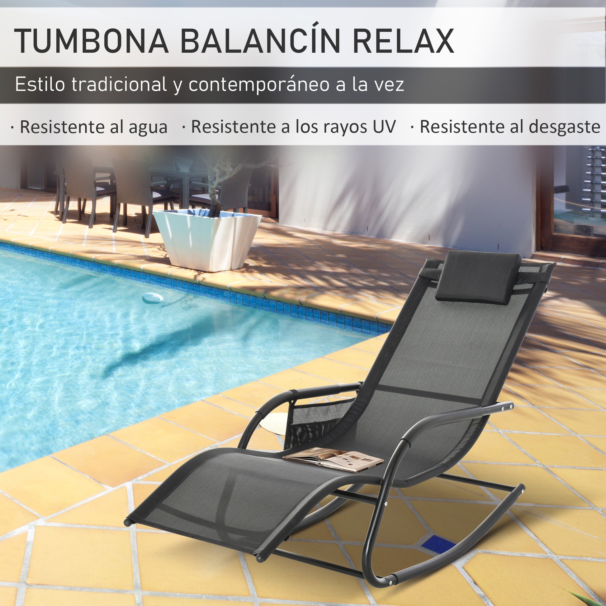 Outdoor Rocking Chair Lounger with Padded Armrests, Headrest and Side Pocket Load 120 kg for Garden Terrace Patio 150x62x88 cm Black