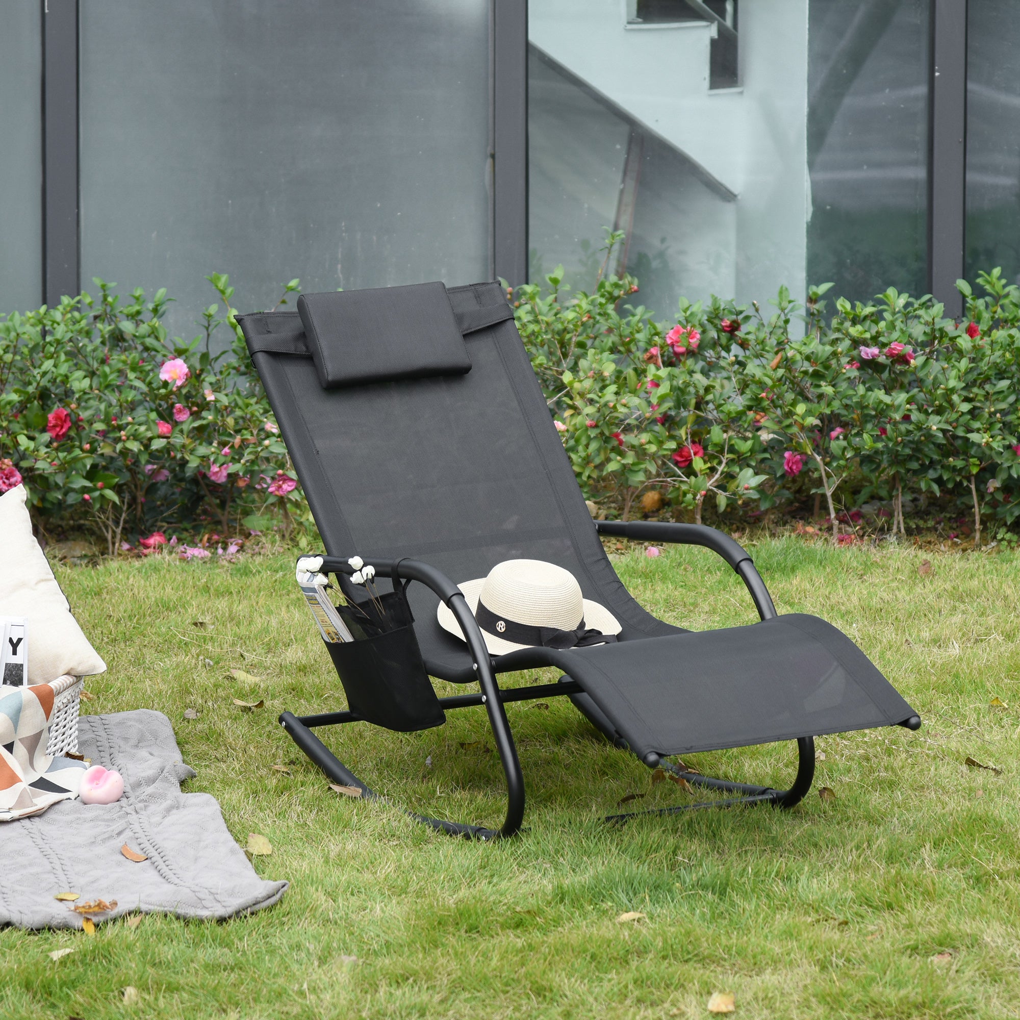 Outdoor Rocking Chair Lounger with Padded Armrests, Headrest and Side Pocket Load 120 kg for Garden Terrace Patio 150x62x88 cm Black
