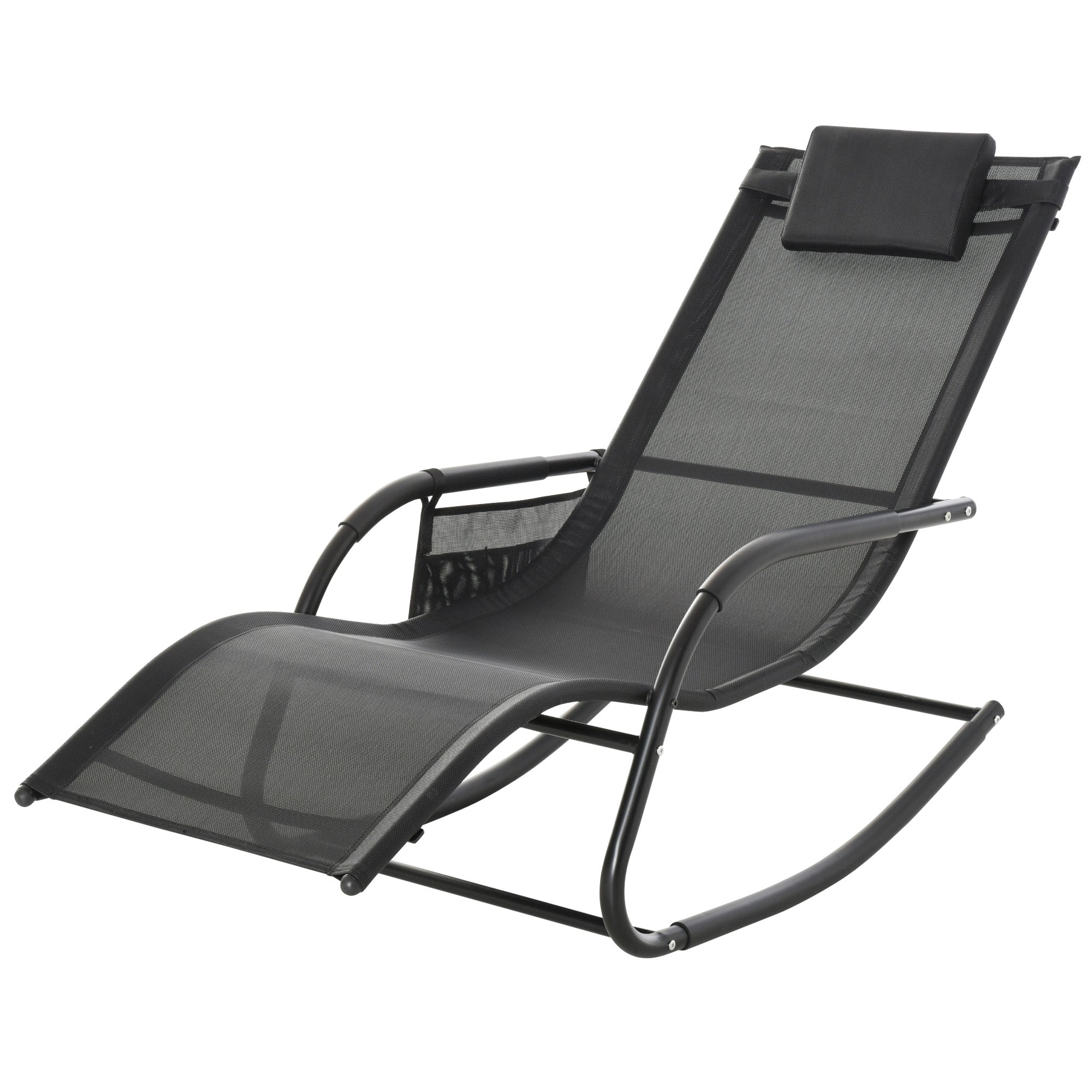 Outdoor Rocking Chair Lounger with Padded Armrests, Headrest and Side Pocket Load 120 kg for Garden Terrace Patio 150x62x88 cm Black