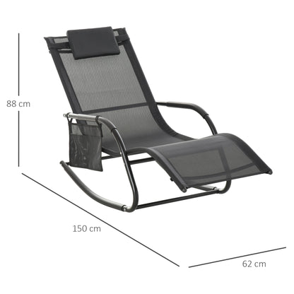 Outdoor Rocking Chair Lounger with Padded Armrests, Headrest and Side Pocket Load 120 kg for Garden Terrace Patio 150x62x88 cm Black