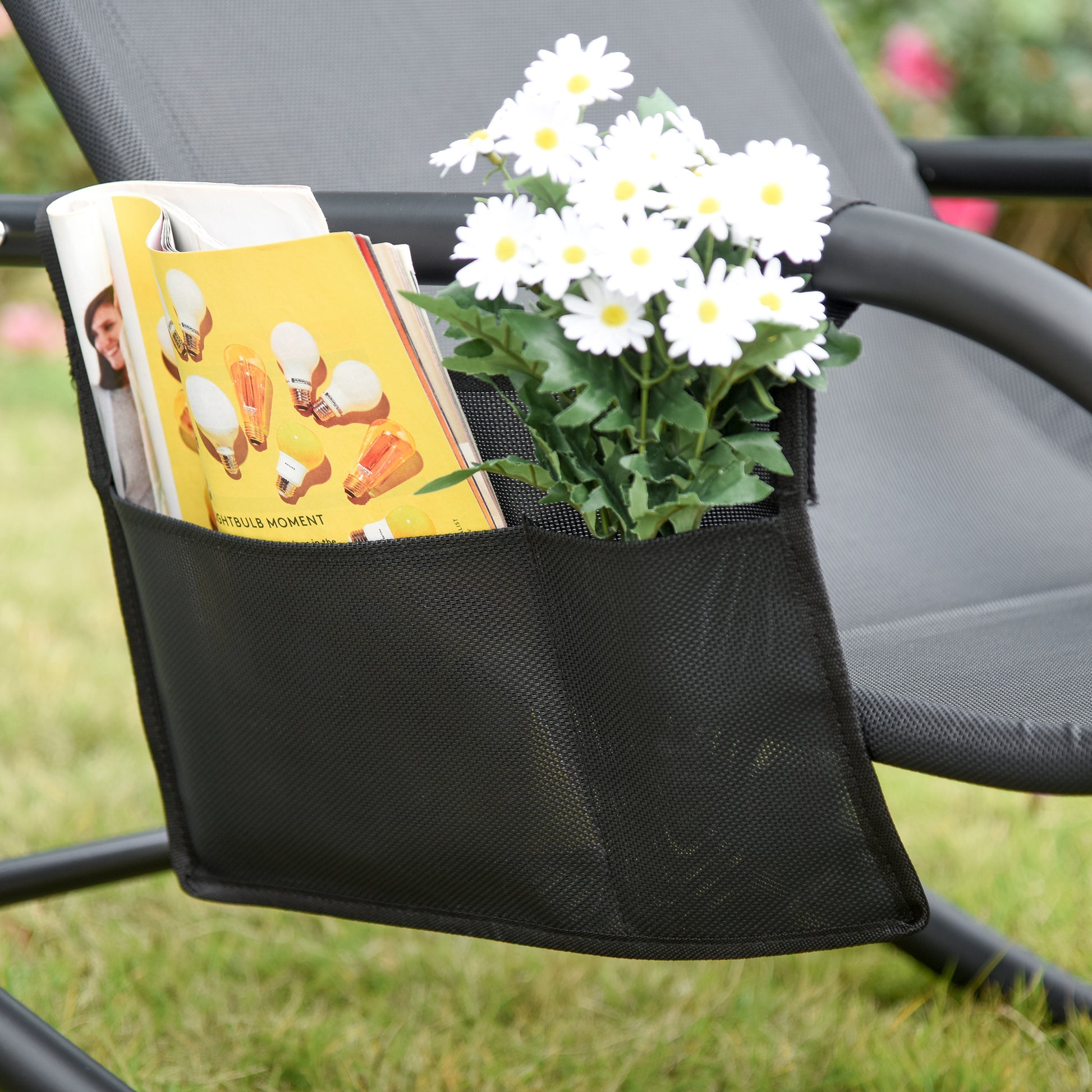 Outdoor Rocking Chair Lounger with Padded Armrests, Headrest and Side Pocket Load 120 kg for Garden Terrace Patio 150x62x88 cm Black