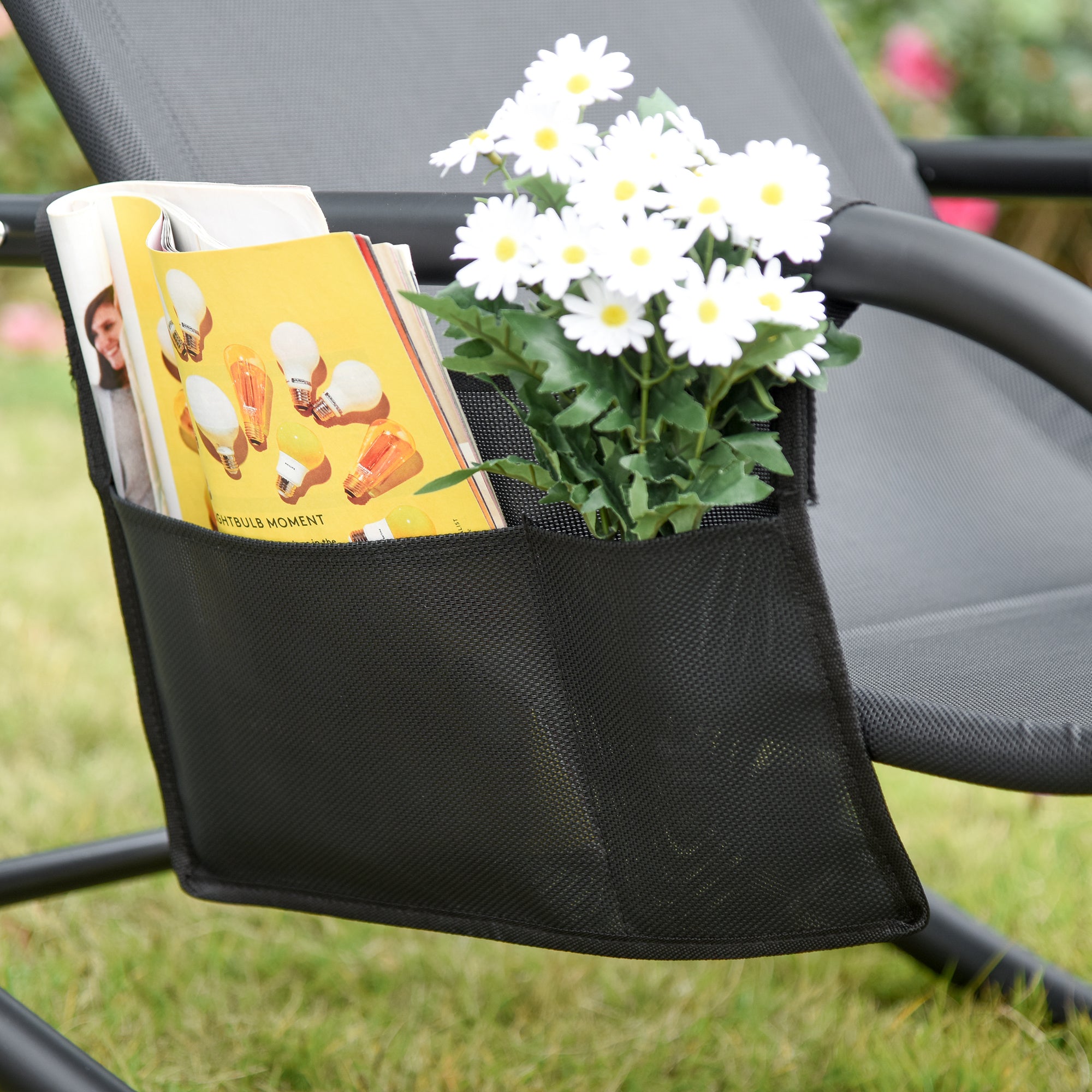 Outdoor Rocking Chair Lounger with Padded Armrests, Headrest and Side Pocket Load 120 kg for Garden Terrace Patio 150x62x88 cm Black