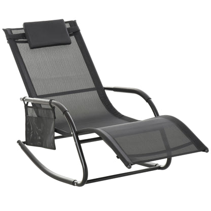 Outdoor Rocking Chair Lounger with Padded Armrests, Headrest and Side Pocket Load 120 kg for Garden Terrace Patio 150x62x88 cm Black