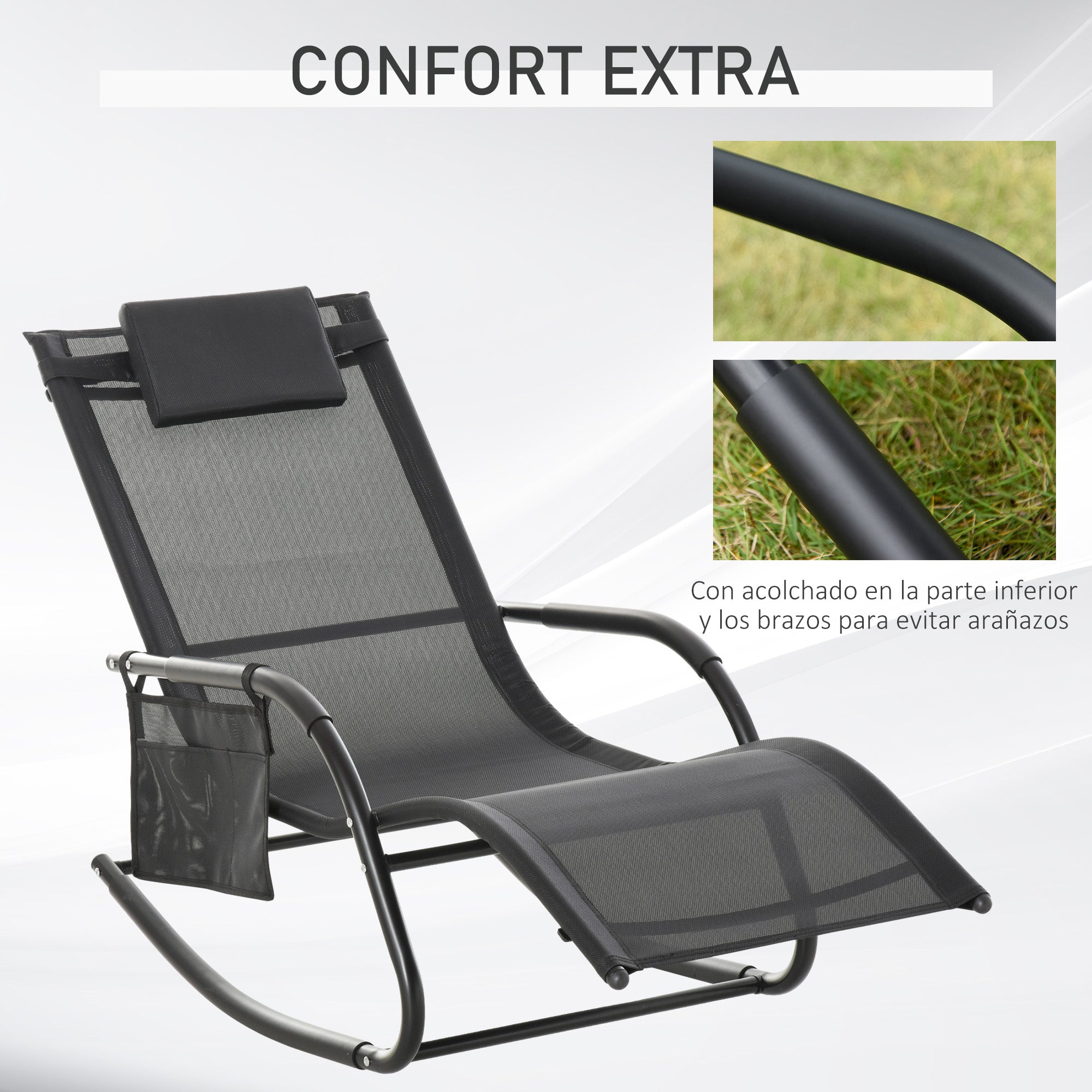 Outdoor Rocking Chair Lounger with Padded Armrests, Headrest and Side Pocket Load 120 kg for Garden Terrace Patio 150x62x88 cm Black