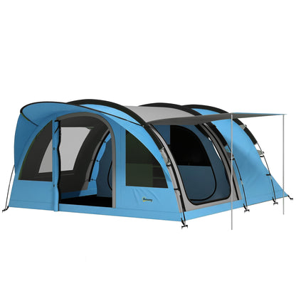 4-Person Tunnel Family Tent with Living Area, Removable Divider, Windows, Groundsheet, Standing Height — 3000 mm Waterproof (Sky Blue & Grey)