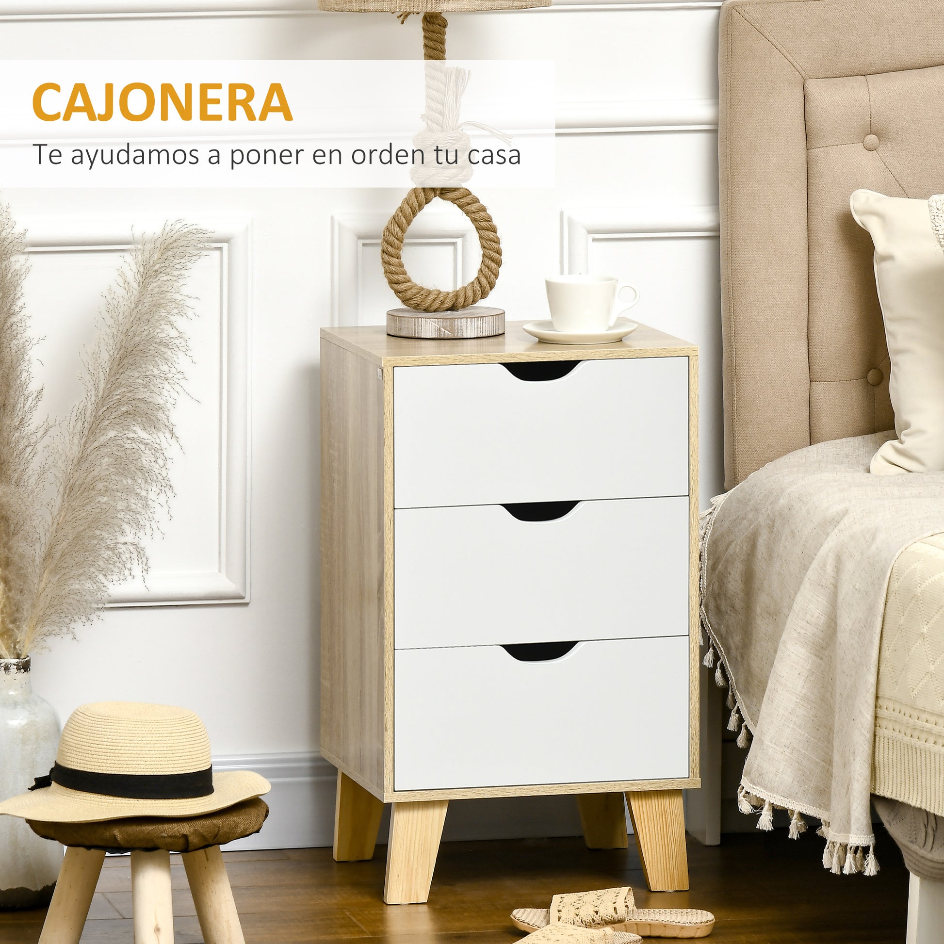 3-Drawer Chest with Raised Base Wardrobe Dresser for Bedroom Living Room Hallway Modern Style Anti-Tip 40x35x68.5 cm Natural and White