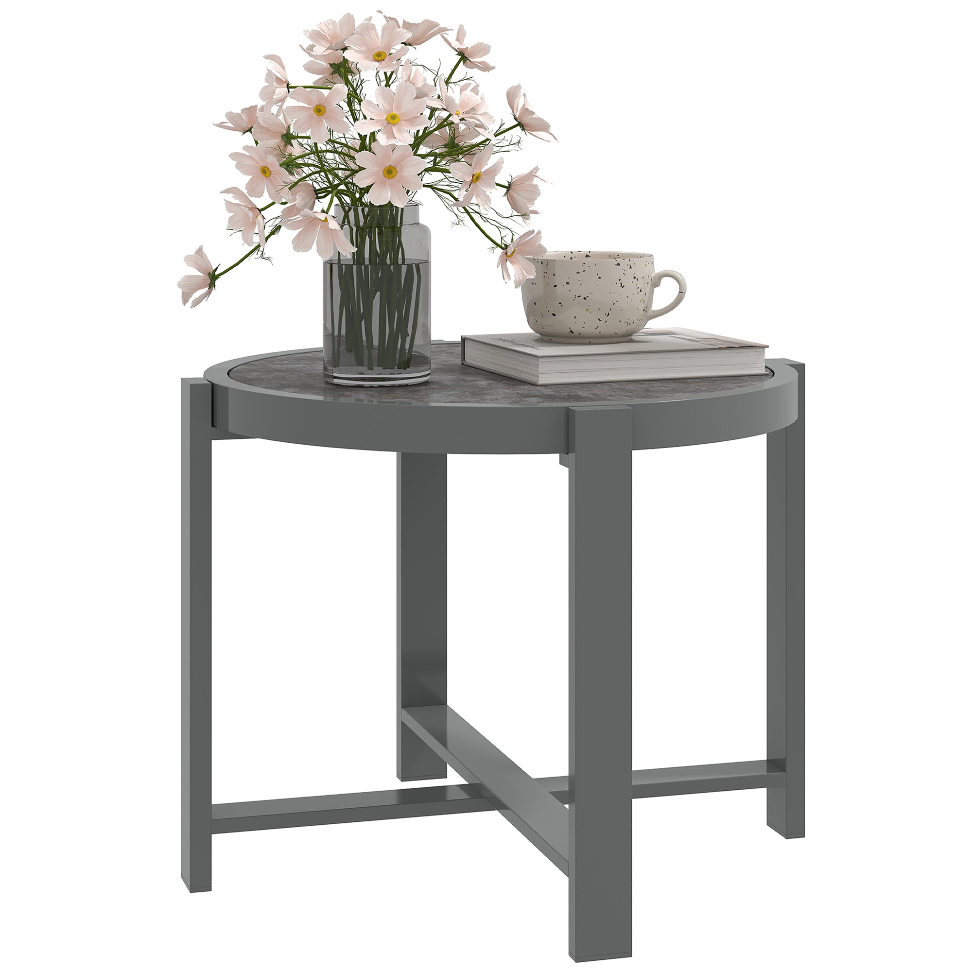 Side Table Garden Table Round Weatherproof Aluminum Balcony Table with Marble-effect Camping Table Coffee Table for Living Room Office Outdoor Indoor Gray