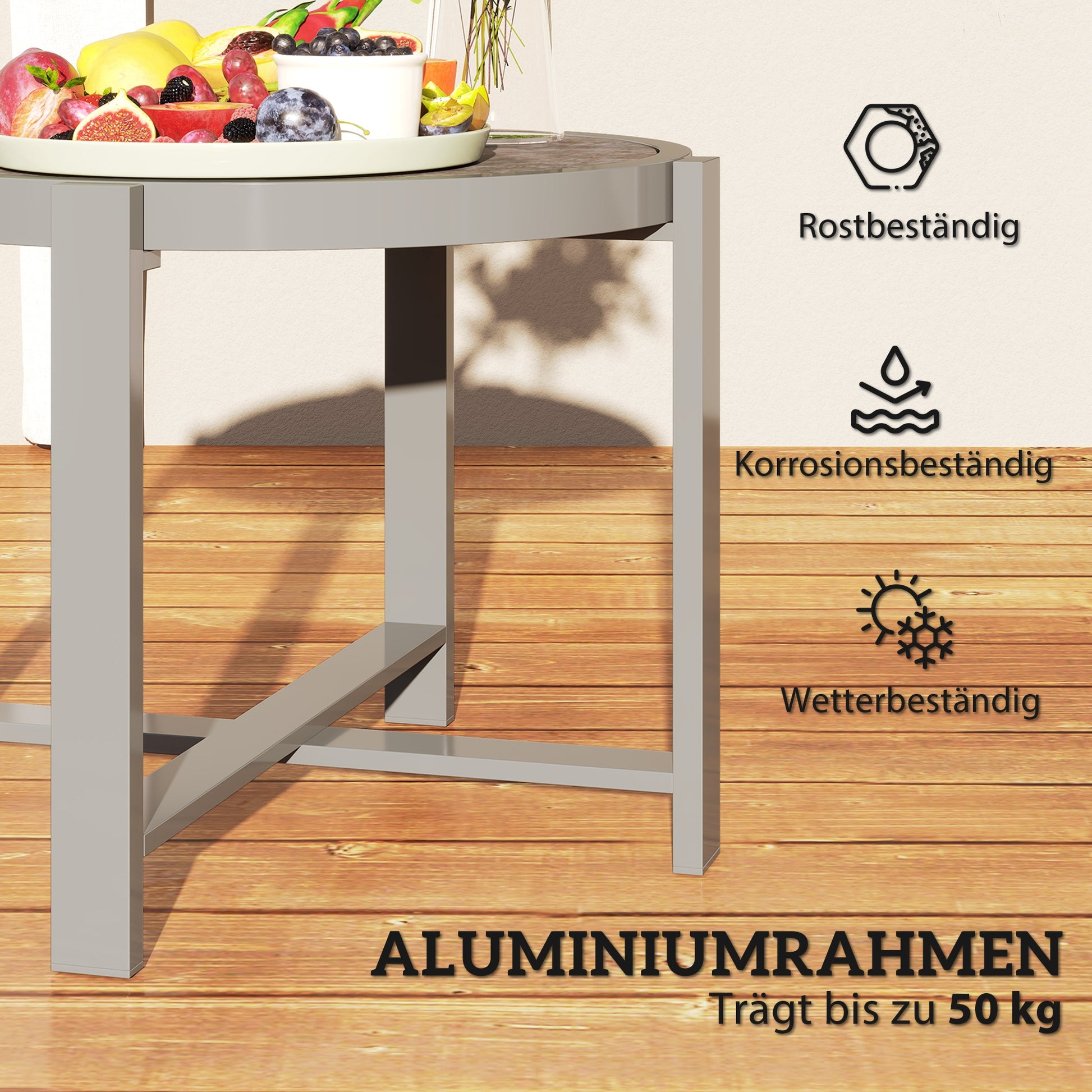 Side Table Garden Table Round Weatherproof Aluminum Balcony Table with Marble-effect Camping Table Coffee Table for Living Room Office Outdoor Indoor Gray
