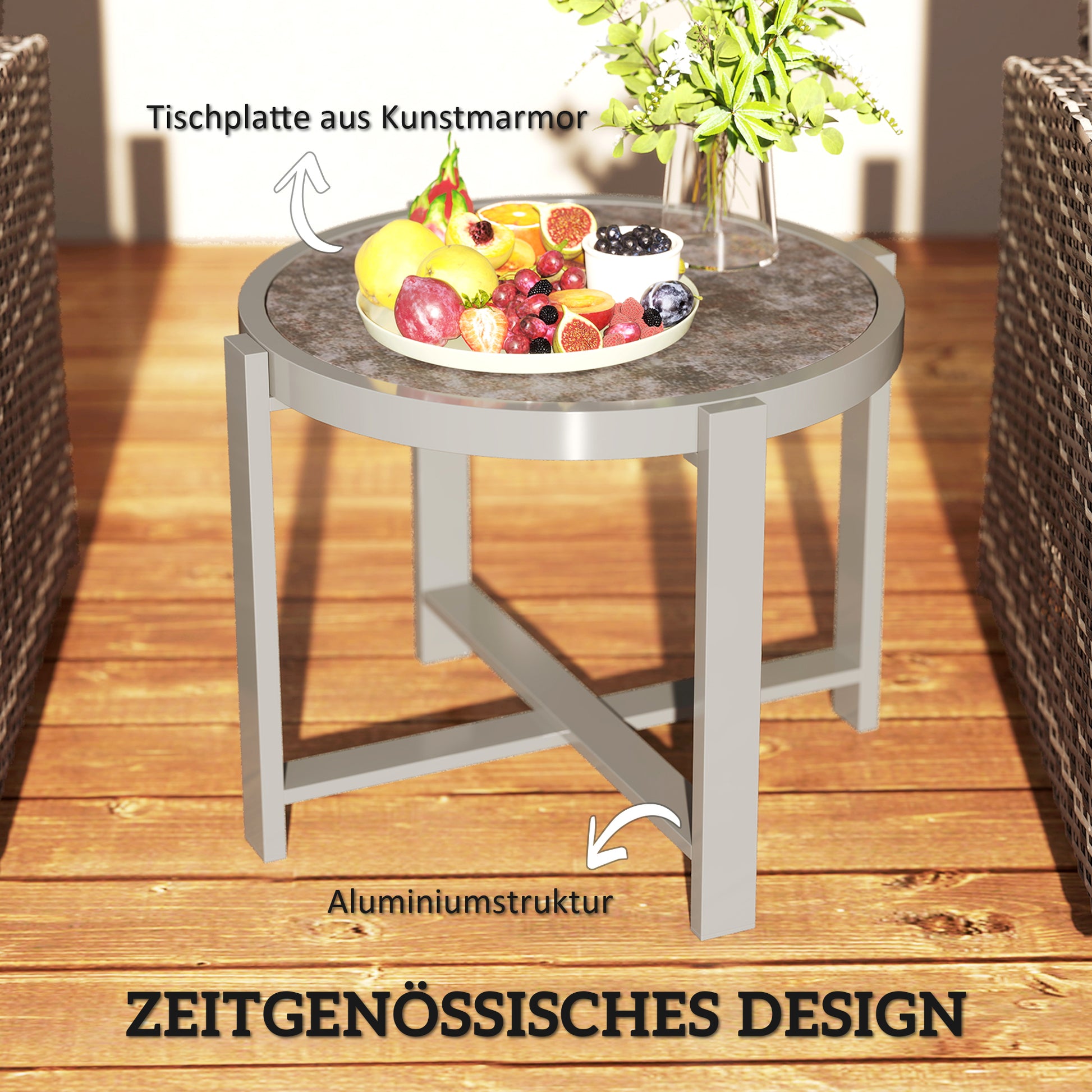 Side Table Garden Table Round Weatherproof Aluminum Balcony Table with Marble-effect Camping Table Coffee Table for Living Room Office Outdoor Indoor Gray