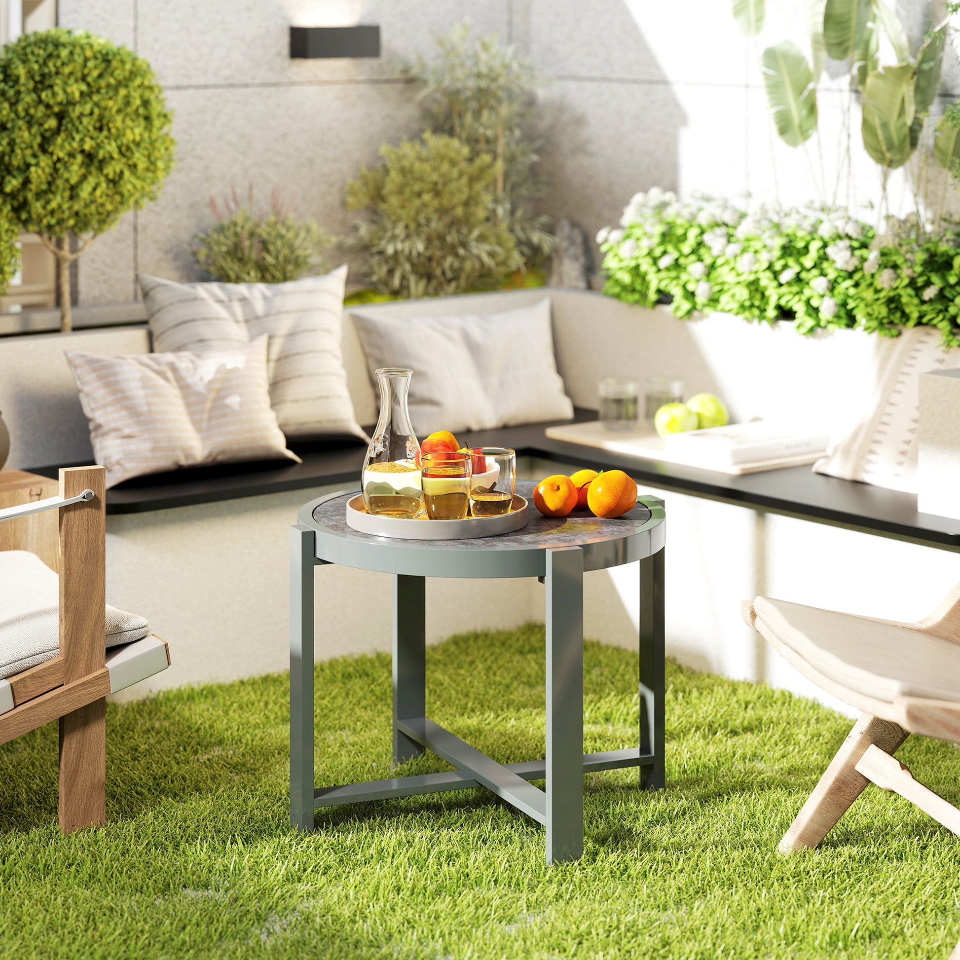 Side Table Garden Table Round Weatherproof Aluminum Balcony Table with Marble-effect Camping Table Coffee Table for Living Room Office Outdoor Indoor Gray