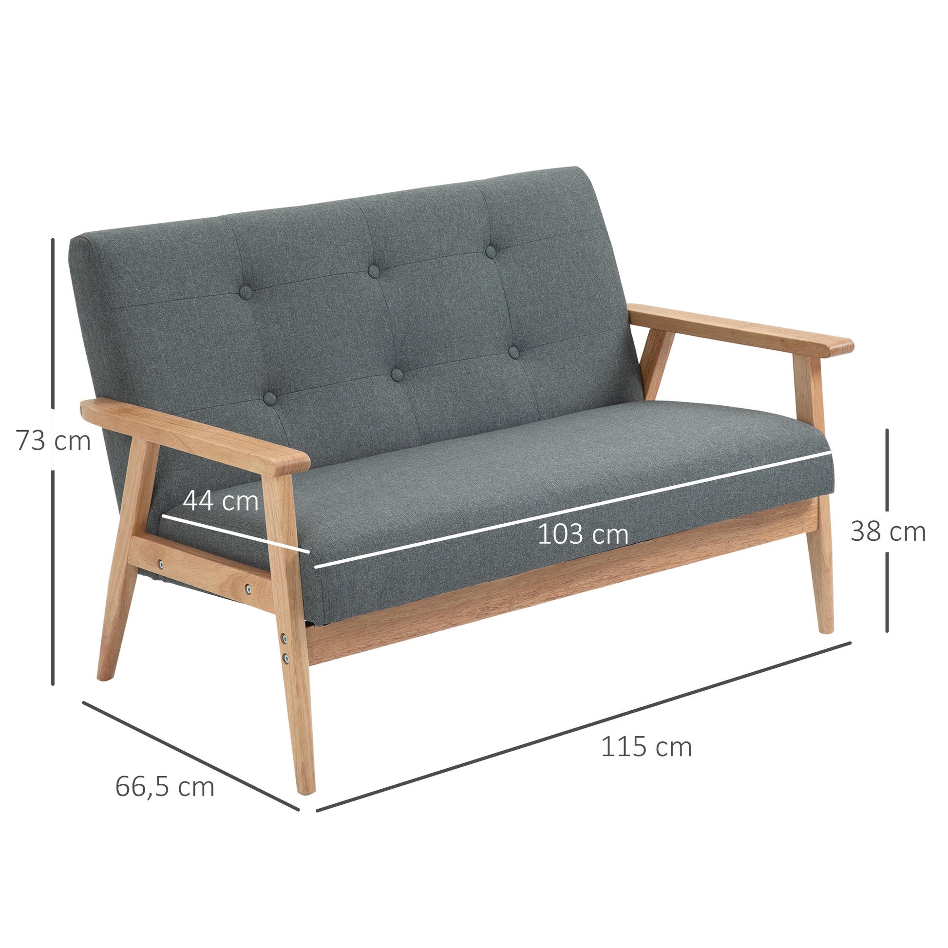 2-Seater Sofa, Couch with Armrests, Back Cushions, Living Room Sofa with Linen Look, Upholstered Sofa for Living Room, Bedroom 115 x 66.5 x 73 cm, Dark Gray