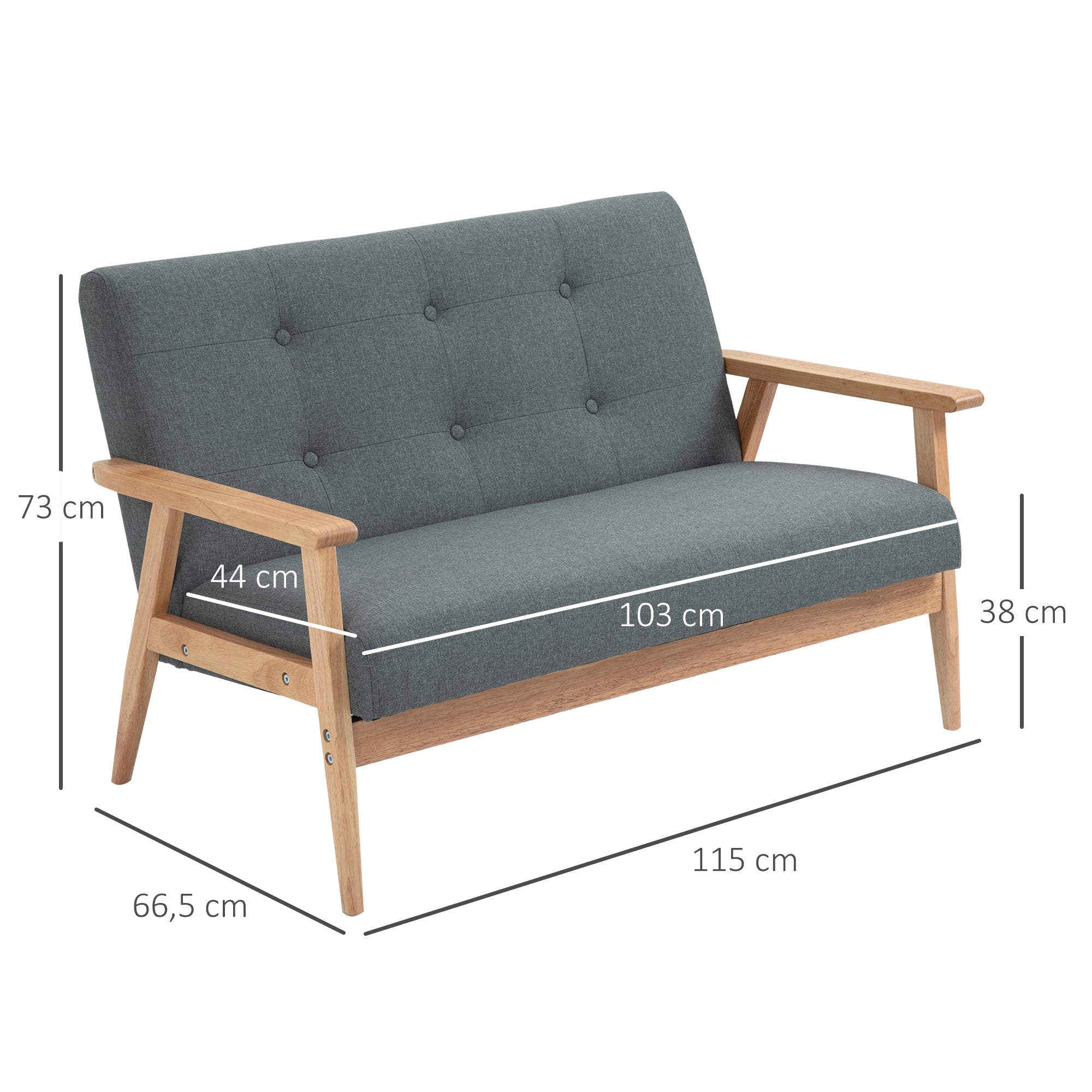 2-Seater Sofa, Couch with Armrests, Back Cushions, Living Room Sofa with Linen Look, Upholstered Sofa for Living Room, Bedroom 115 x 66.5 x 73 cm, Dark Gray
