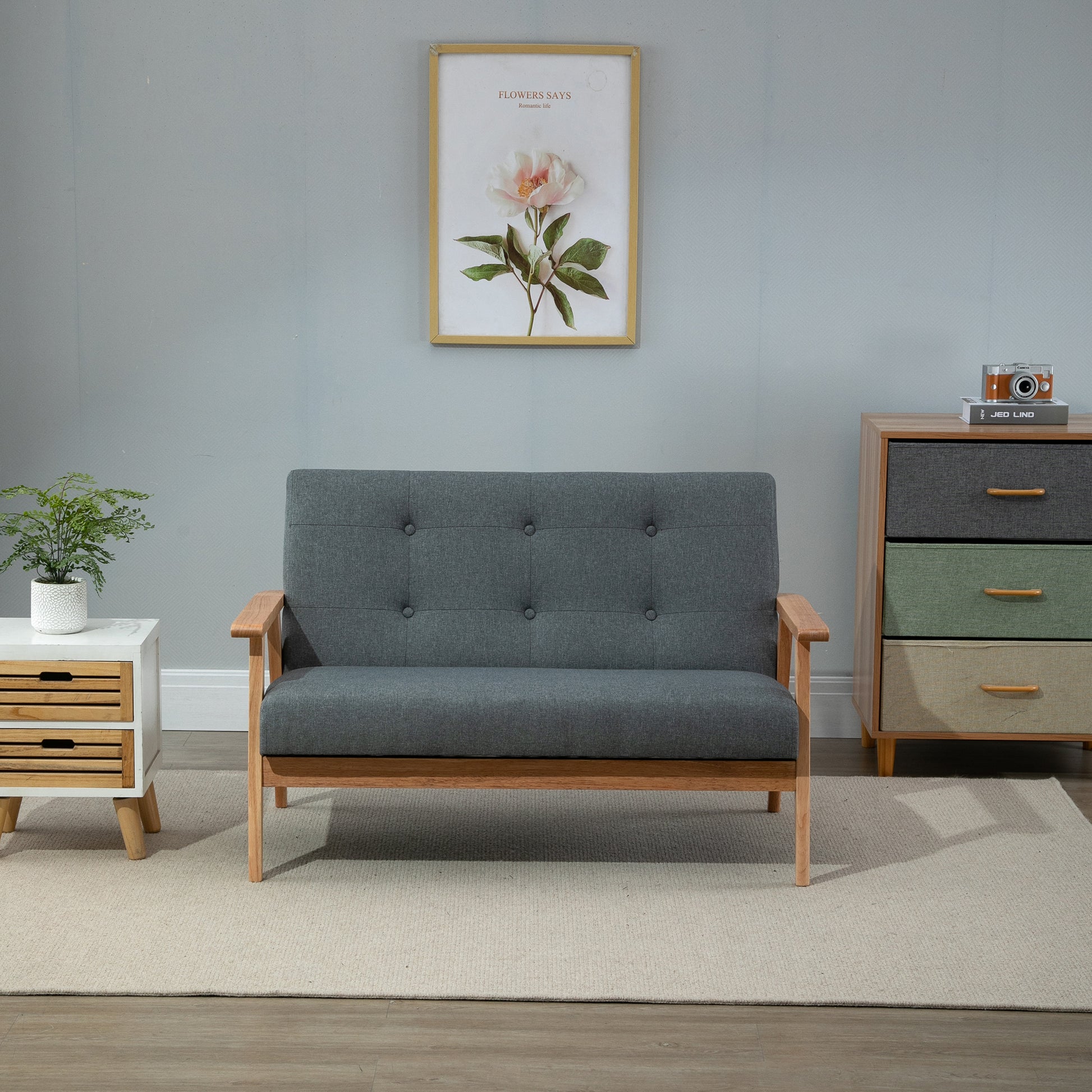 2-Seater Sofa, Couch with Armrests, Back Cushions, Living Room Sofa with Linen Look, Upholstered Sofa for Living Room, Bedroom 115 x 66.5 x 73 cm, Dark Gray