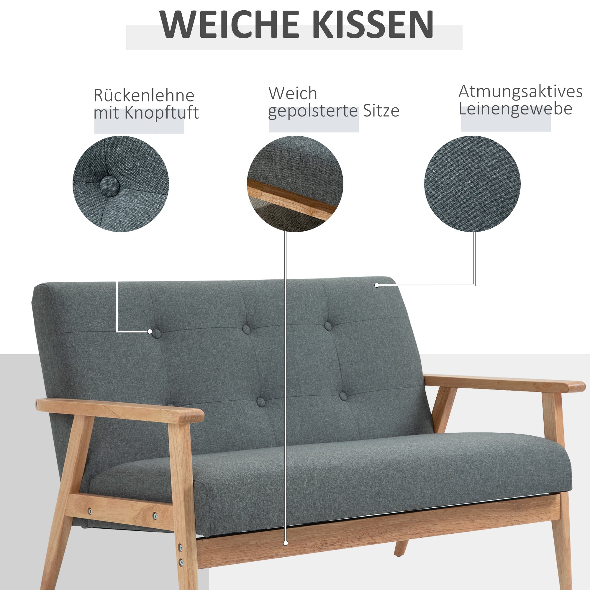 2-Seater Sofa, Couch with Armrests, Back Cushions, Living Room Sofa with Linen Look, Upholstered Sofa for Living Room, Bedroom 115 x 66.5 x 73 cm, Dark Gray