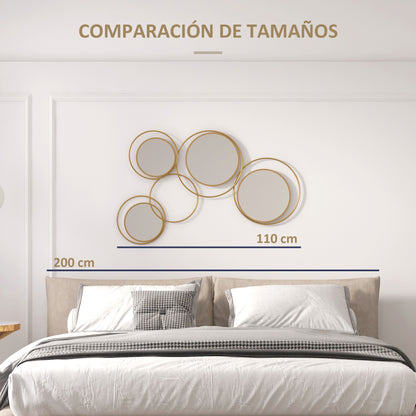 3D Metal Decorative Wall Mirror Wall Art with 4 Round Mirrors for Living Room Bedroom Hallway 110x68 cm Gold