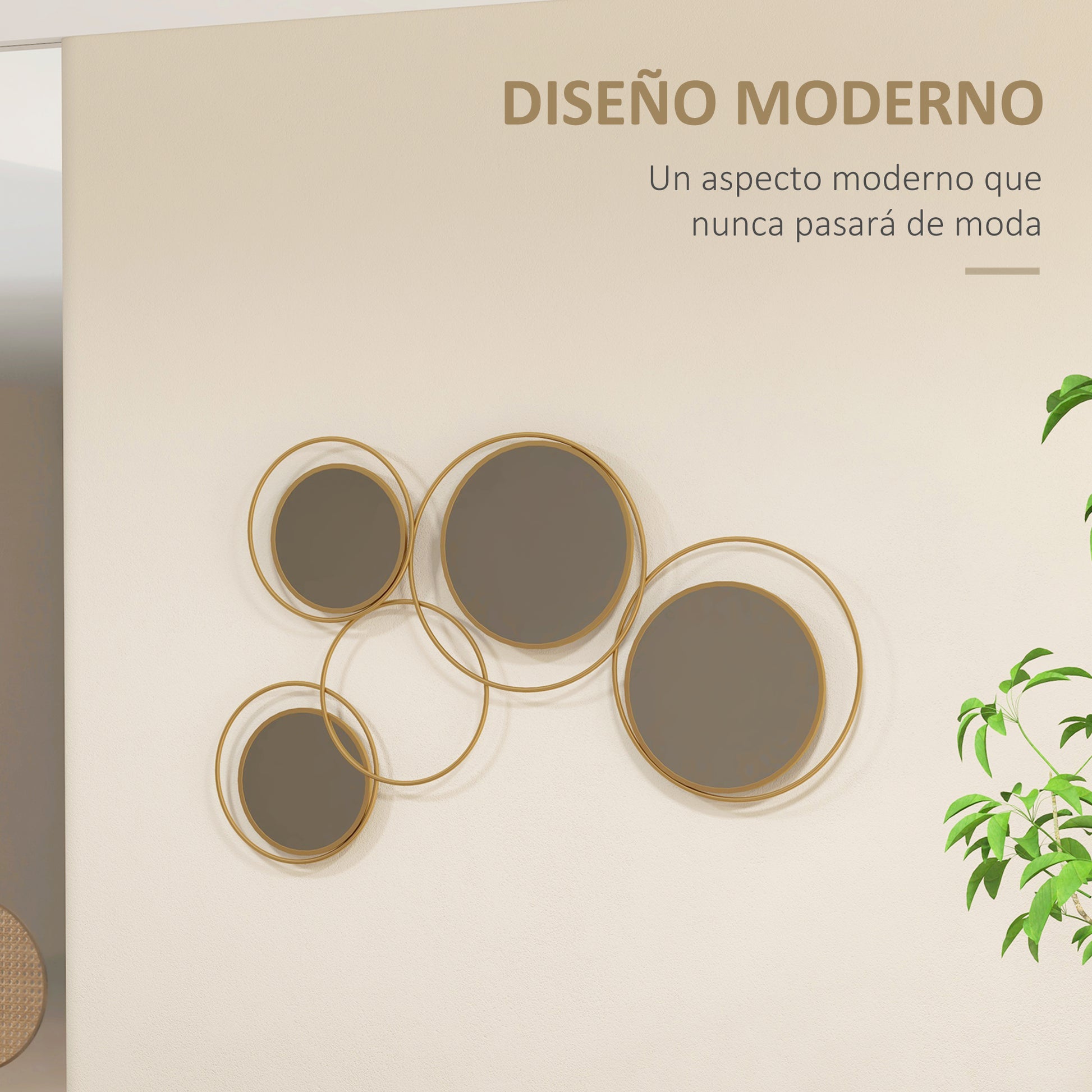 3D Metal Decorative Wall Mirror Wall Art with 4 Round Mirrors for Living Room Bedroom Hallway 110x68 cm Gold