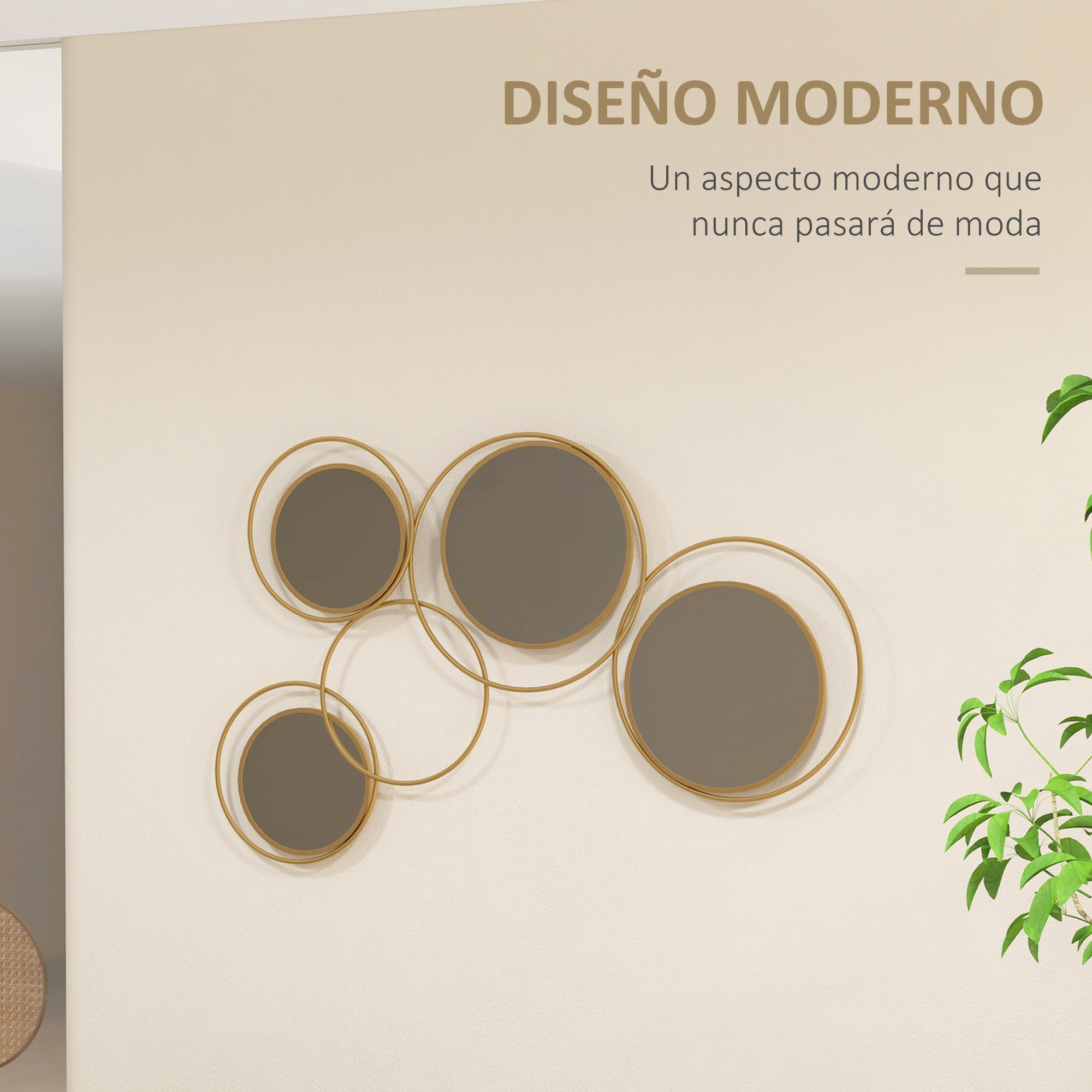 3D Metal Decorative Wall Mirror Wall Art with 4 Round Mirrors for Living Room Bedroom Hallway 110x68 cm Gold