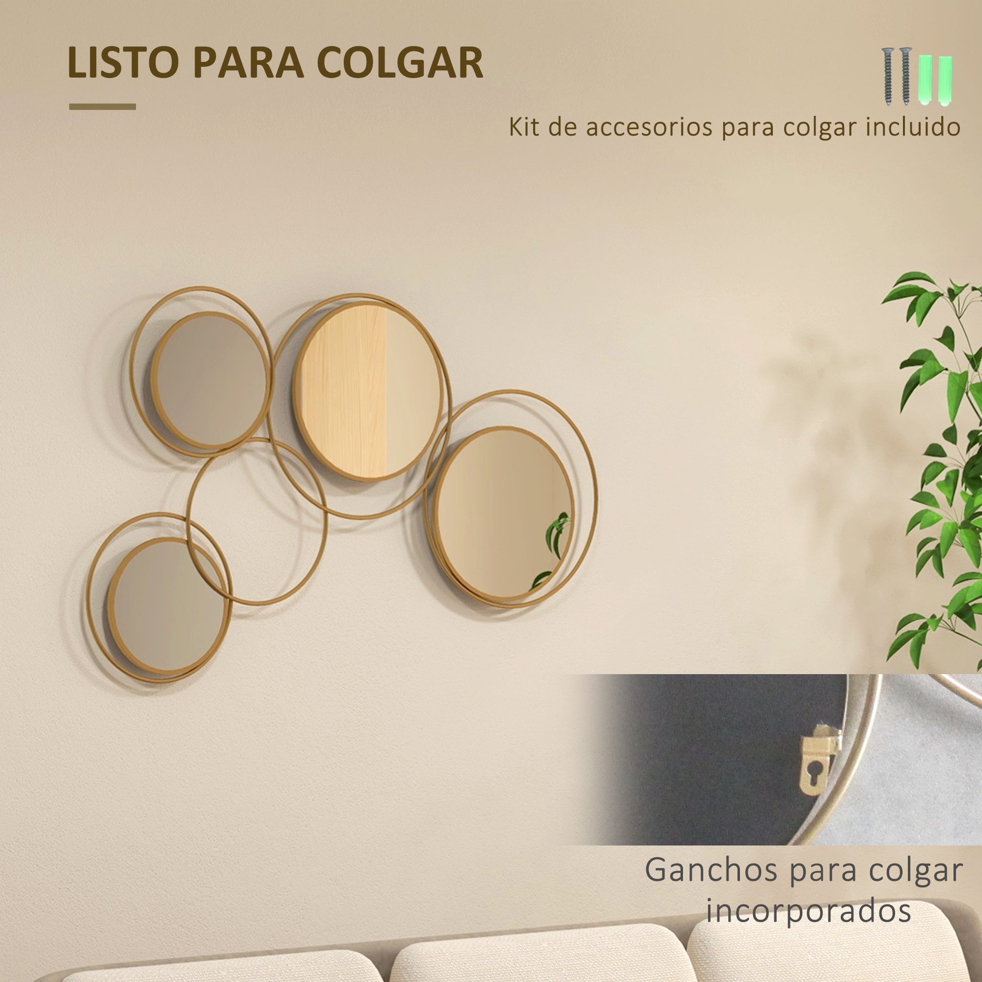 3D Metal Decorative Wall Mirror Wall Art with 4 Round Mirrors for Living Room Bedroom Hallway 110x68 cm Gold