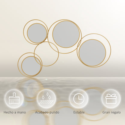 3D Metal Decorative Wall Mirror Wall Art with 4 Round Mirrors for Living Room Bedroom Hallway 110x68 cm Gold