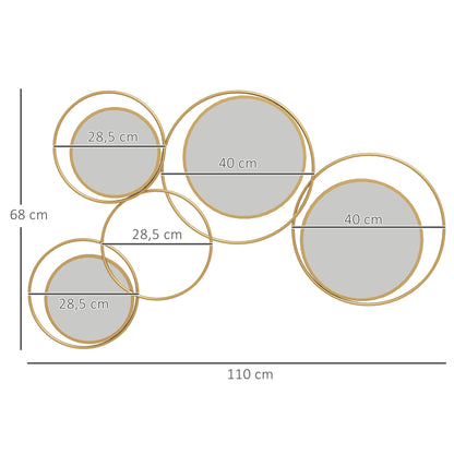 3D Metal Decorative Wall Mirror Wall Art with 4 Round Mirrors for Living Room Bedroom Hallway 110x68 cm Gold