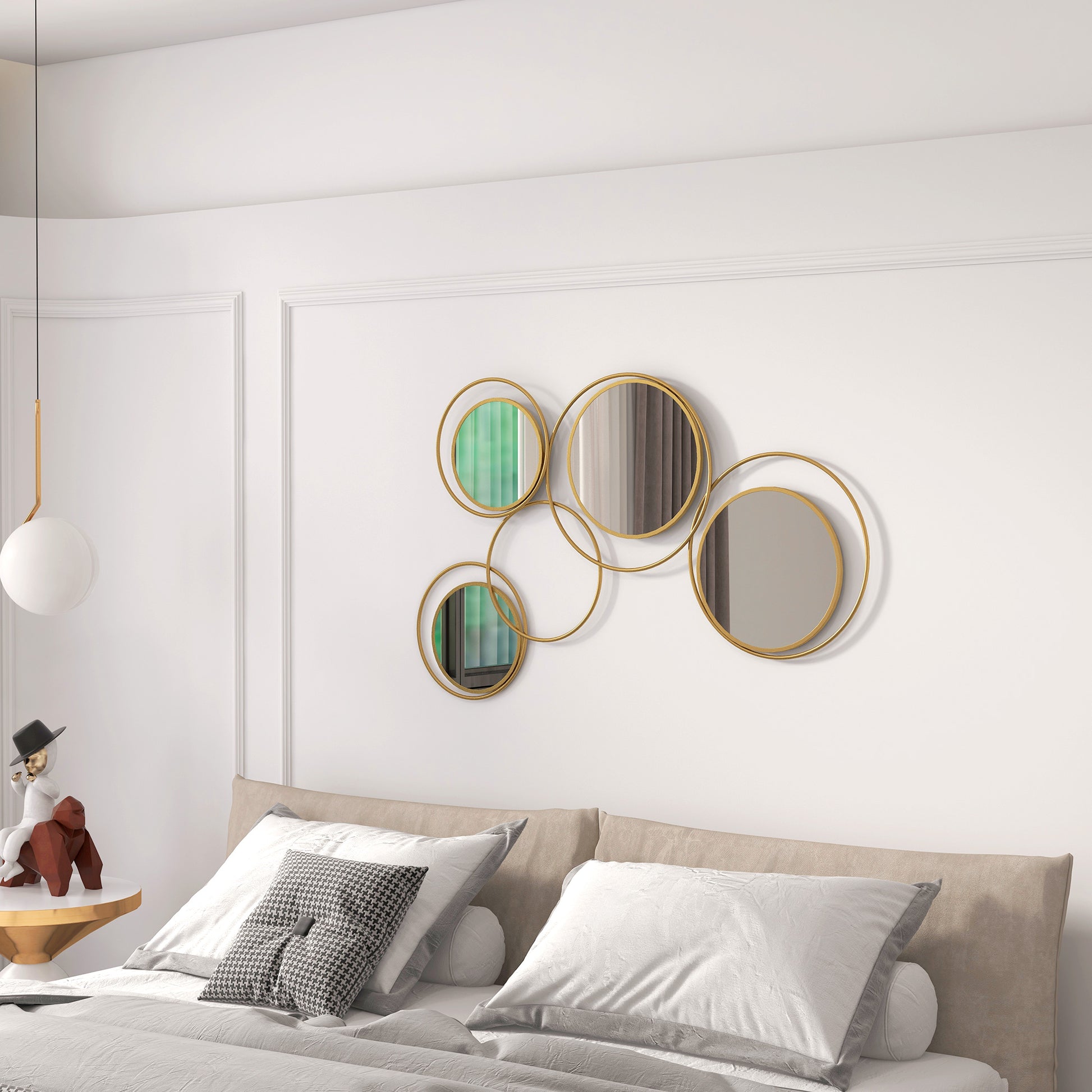 3D Metal Decorative Wall Mirror Wall Art with 4 Round Mirrors for Living Room Bedroom Hallway 110x68 cm Gold