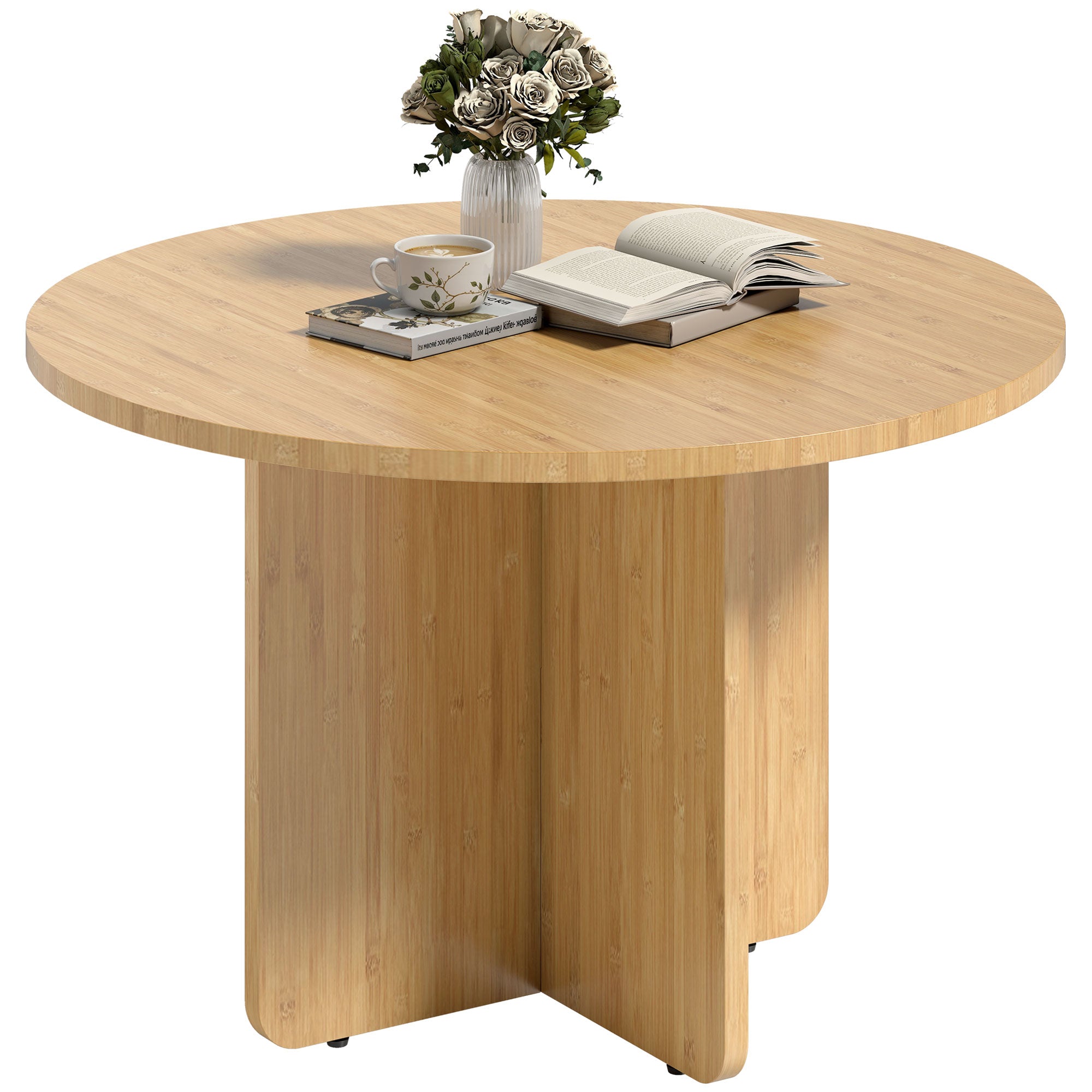 Round Bamboo Coffee Table Ø26 in Modern Living Room Table with Cross Base, Supports up to 265 lb, Natural