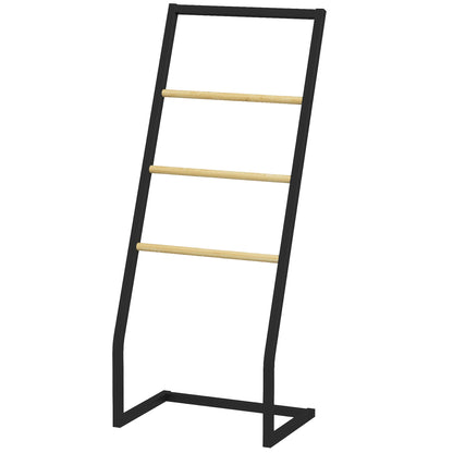 Free Standing Towel Rack for Bathroom with 4 Bamboo and Steel Bars for Laundry 40.5x28x98 cm Black and Natural