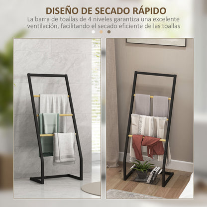Free Standing Towel Rack for Bathroom with 4 Bamboo and Steel Bars for Laundry 40.5x28x98 cm Black and Natural
