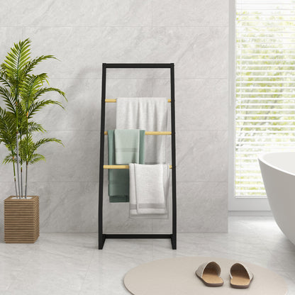 Free Standing Towel Rack for Bathroom with 4 Bamboo and Steel Bars for Laundry 40.5x28x98 cm Black and Natural
