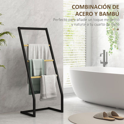 Free Standing Towel Rack for Bathroom with 4 Bamboo and Steel Bars for Laundry 40.5x28x98 cm Black and Natural