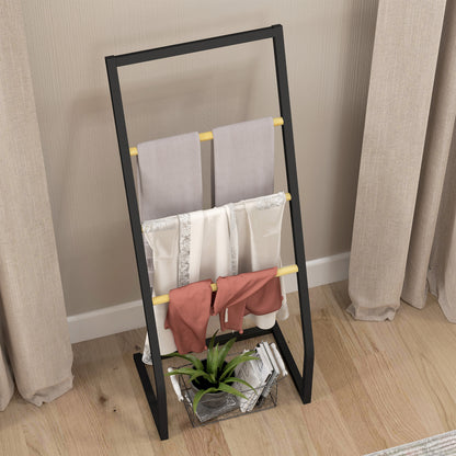 Free Standing Towel Rack for Bathroom with 4 Bamboo and Steel Bars for Laundry 40.5x28x98 cm Black and Natural