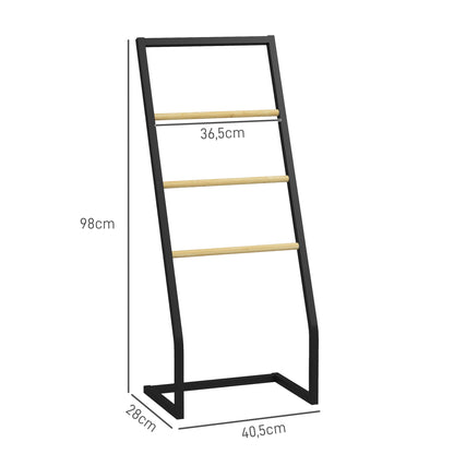 Free Standing Towel Rack for Bathroom with 4 Bamboo and Steel Bars for Laundry 40.5x28x98 cm Black and Natural